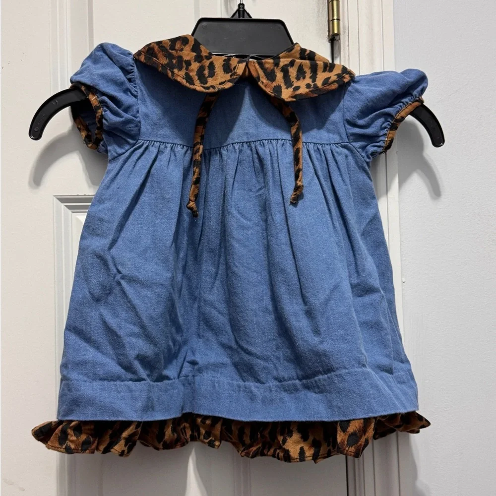 Blue denim Dress with Leopard Print Details size 18 months